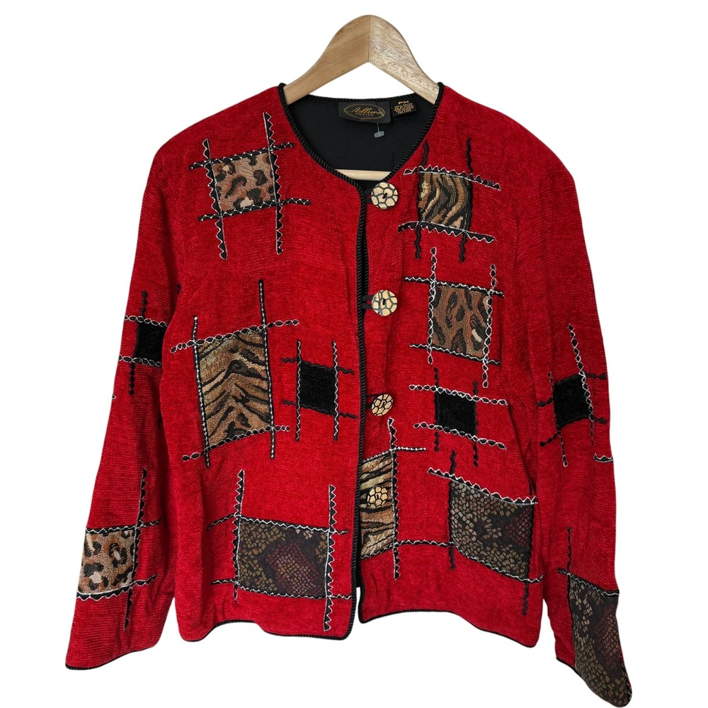Allure Petite Jacket Women PM Red Excellent Y2K Animal Print Patchwork Rayon